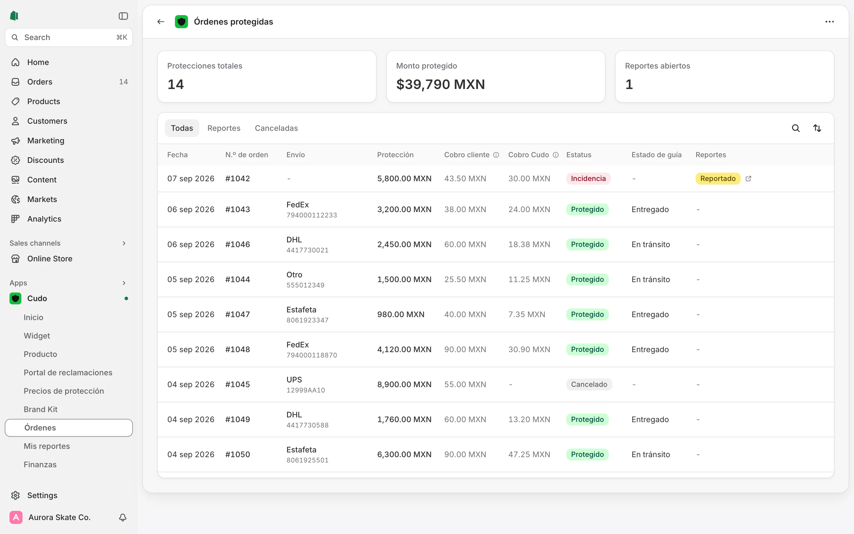App de Cudo dentro de Shopify con las órdenes protegidas, sus cobros y su estatus